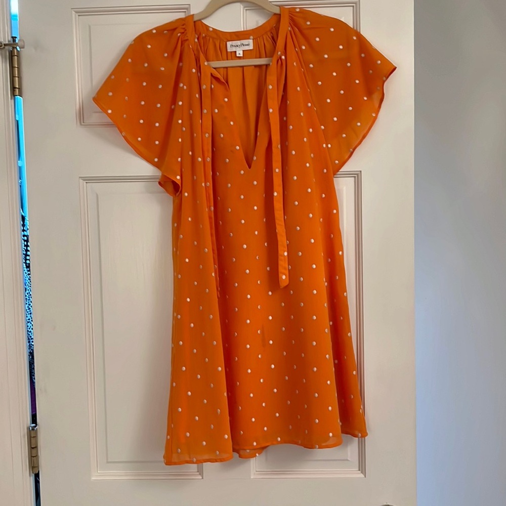 Orange with gold polka dots mini dress